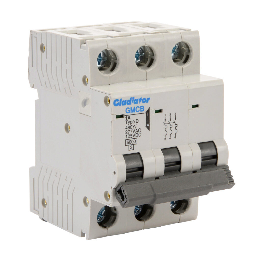 GMCB-3D-1 - Gladiator miniature supplementary protector, 1A, 480Y/277 VAC/125 VDC, 3-pole, D curve, thermal magnetic, 6kA @ 480Y/277 VAC interrupting rating, 35mm DIN rail mount.