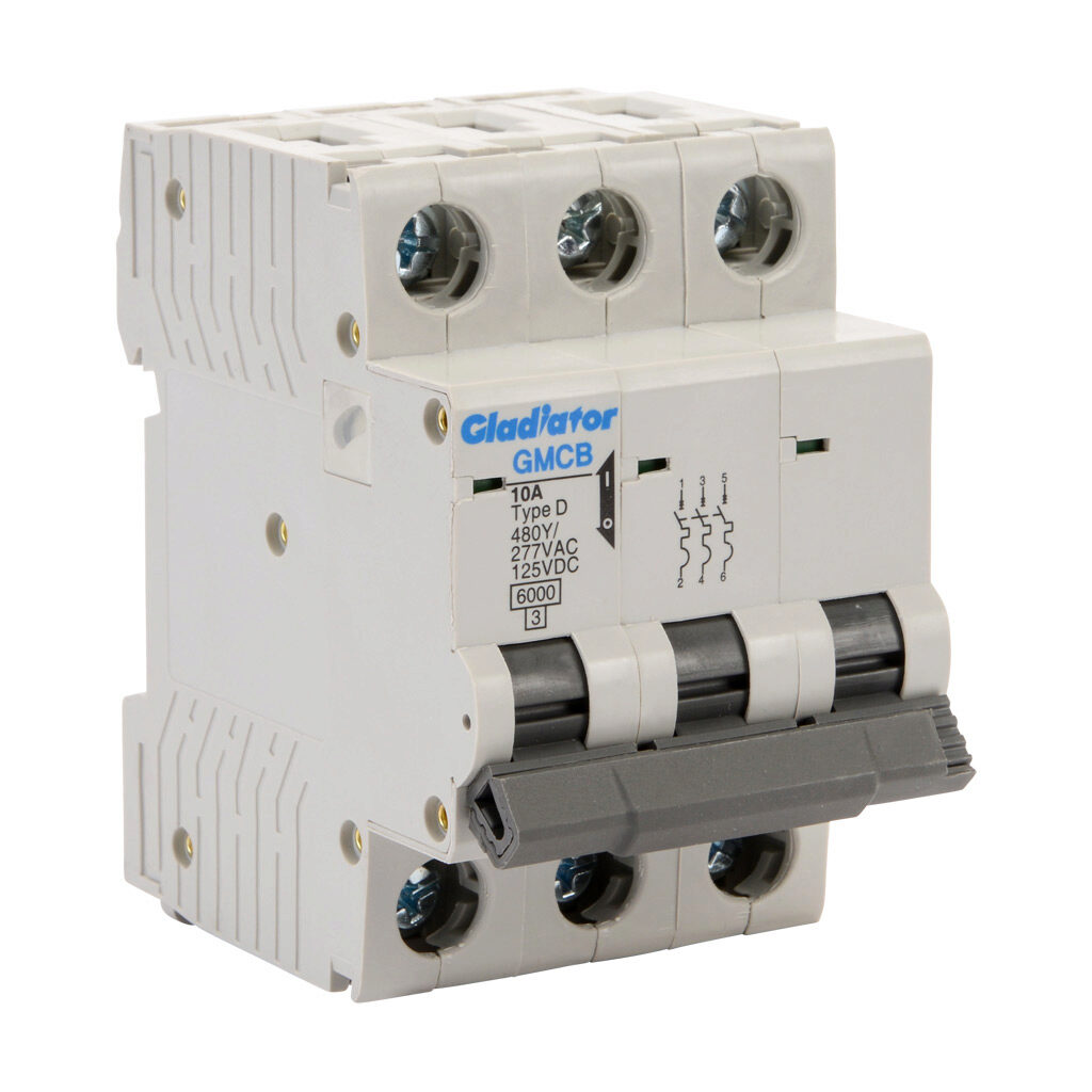 GMCB-3D-10 - Gladiator miniature supplementary protector, 10A, 480Y/277 VAC/125 VDC, 3-pole, D curve, thermal magnetic, 6kA @ 480Y/277 VAC interrupting rating, 35mm DIN rail mount.