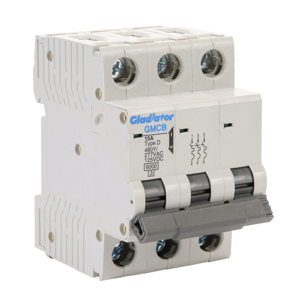GMCB-3D-15 - Gladiator miniature supplementary protector, 15A, 480Y/277 VAC/125 VDC, 3-pole, D curve, thermal magnetic, 6kA @ 480Y/277 VAC interrupting rating, 35mm DIN rail mount.