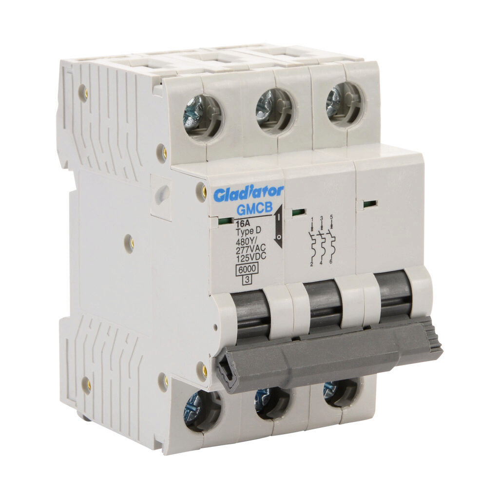 GMCB-3D-16 - Gladiator miniature supplementary protector, 16A, 480Y/277 VAC/125 VDC, 3-pole, D curve, thermal magnetic, 6kA @ 480Y/277 VAC interrupting rating, 35mm DIN rail mount.