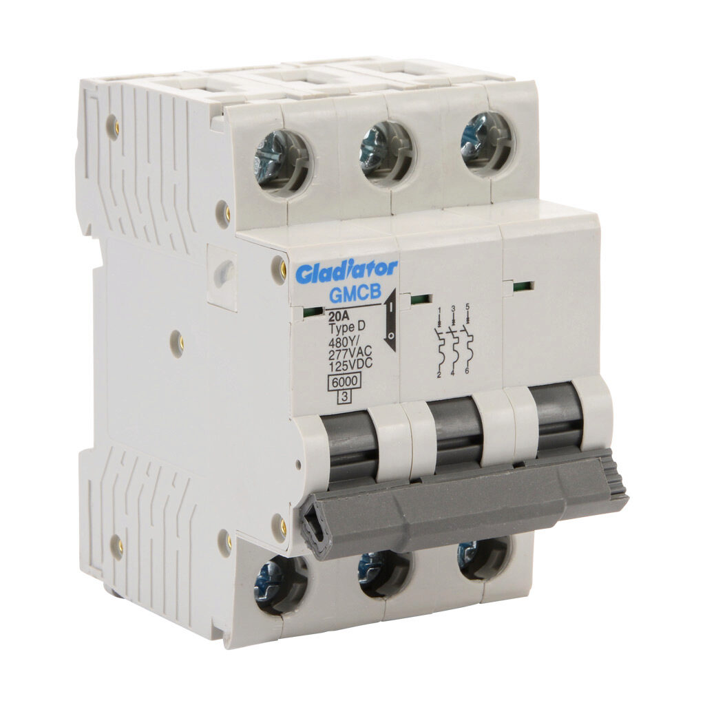 GMCB-3D-20 - Gladiator miniature supplementary protector, 20A, 480Y/277 VAC/125 VDC, 3-pole, D curve, thermal magnetic, 6kA @ 480Y/277 VAC interrupting rating, 35mm DIN rail mount.