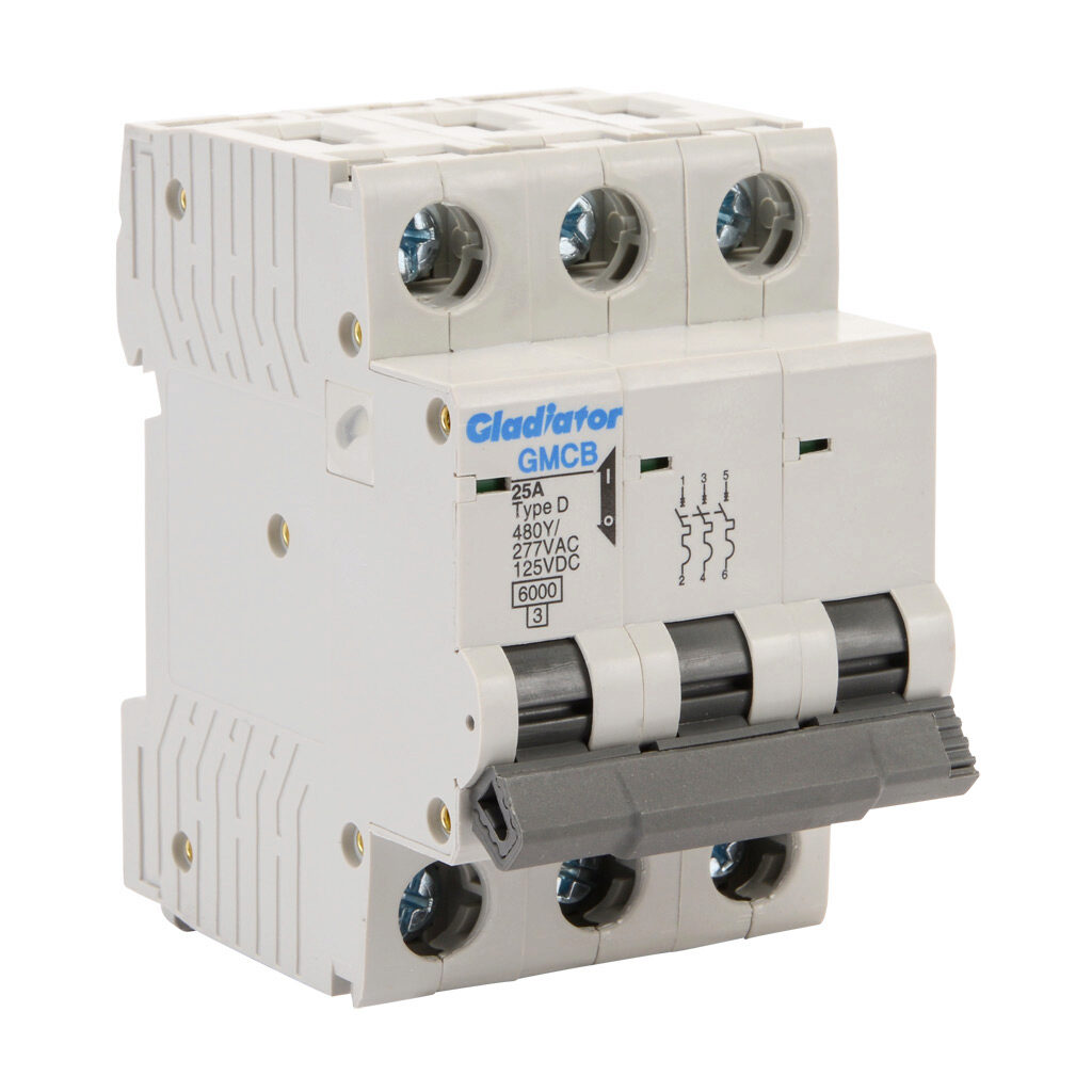 GMCB-3D-25 - Gladiator miniature supplementary protector, 25A, 480Y/277 VAC/125 VDC, 3-pole, D curve, thermal magnetic, 6kA @ 480Y/277 VAC interrupting rating, 35mm DIN rail mount.