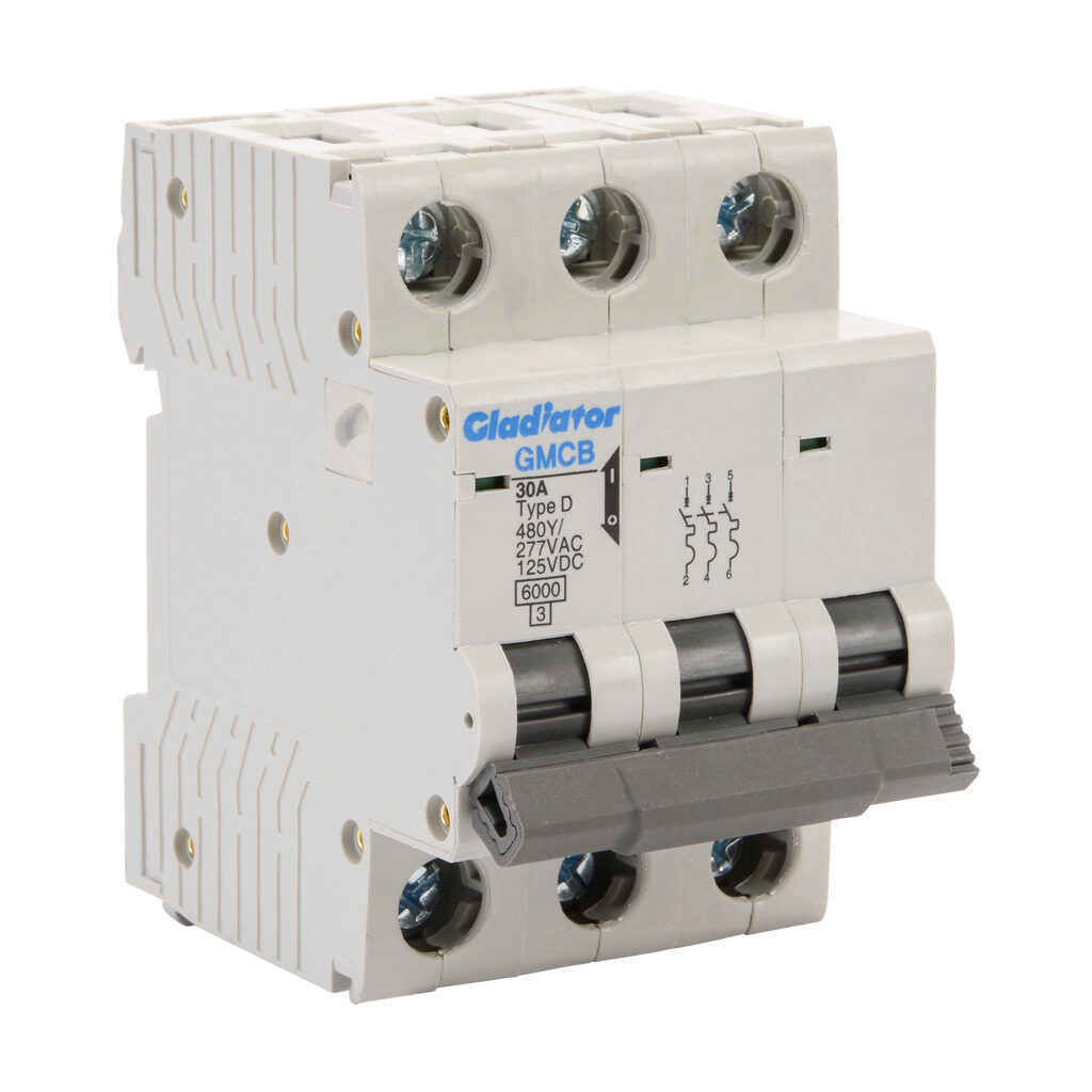GMCB-3D-30 - Gladiator miniature supplementary protector, 30A, 480Y/277 VAC/125 VDC, 3-pole, D curve, thermal magnetic, 6kA @ 480Y/277 VAC interrupting rating, 35mm DIN rail mount.