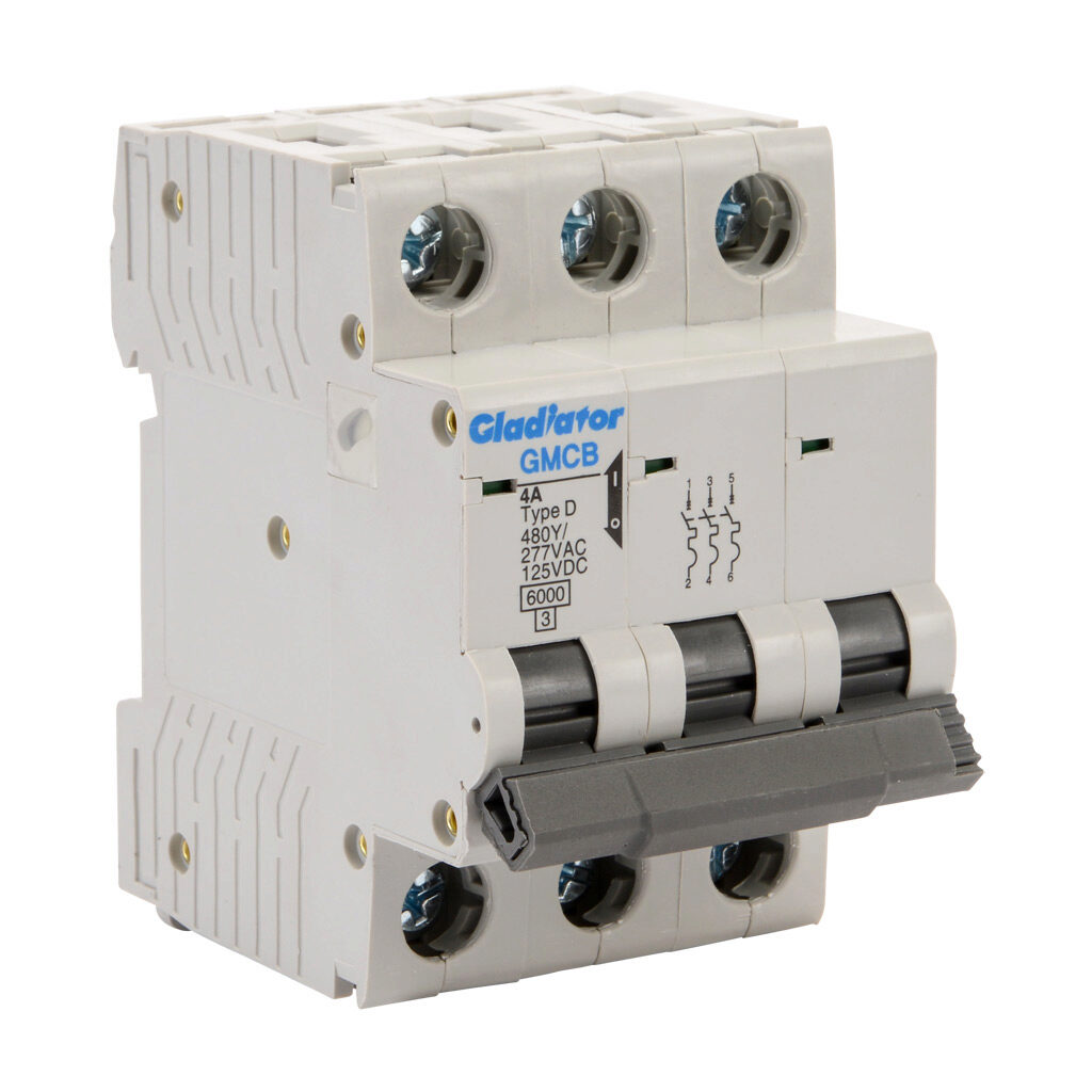 GMCB-3D-4 - Gladiator miniature supplementary protector, 4A, 480Y/277 VAC/125 VDC, 3-pole, D curve, thermal magnetic, 6kA @ 480Y/277 VAC interrupting rating, 35mm DIN rail mount.