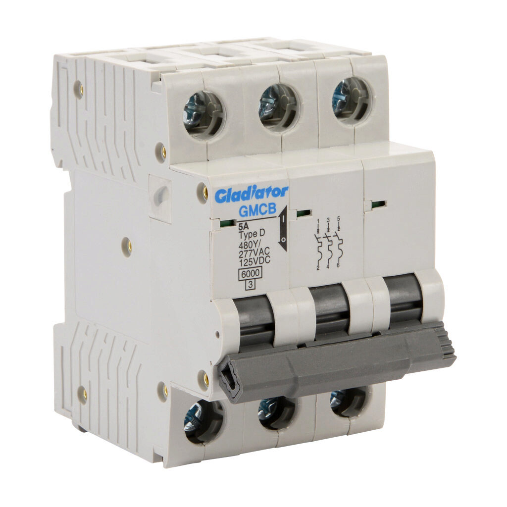 GMCB-3D-5 - Gladiator miniature supplementary protector, 5A, 480Y/277 VAC/125 VDC, 3-pole, D curve, thermal magnetic, 6kA @ 480Y/277 VAC interrupting rating, 35mm DIN rail mount.