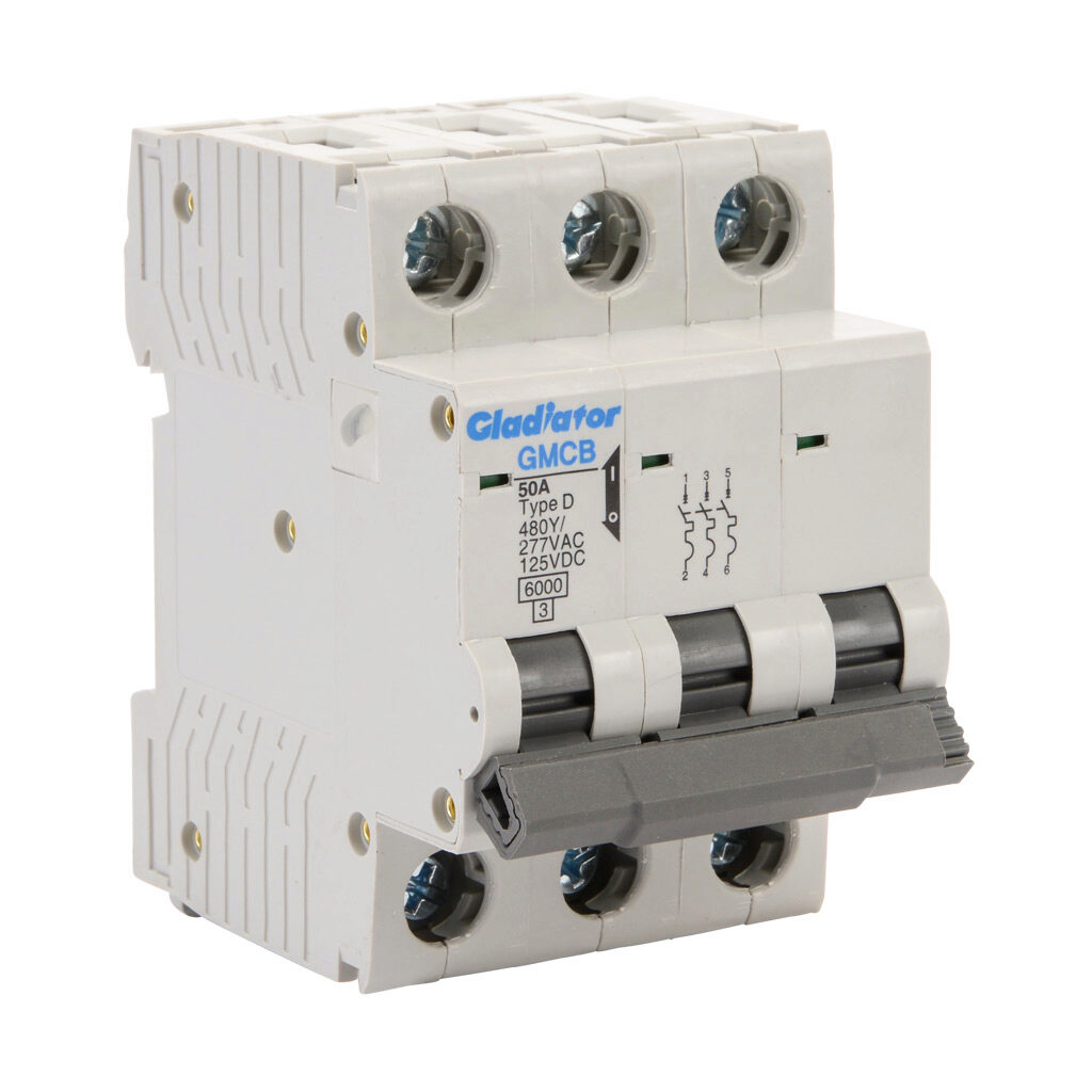 GMCB-3D-50 - Gladiator miniature supplementary protector, 50A, 480Y/277 VAC/125 VDC, 3-pole, D curve, thermal magnetic, 6kA @ 480Y/277 VAC interrupting rating, 35mm DIN rail mount.