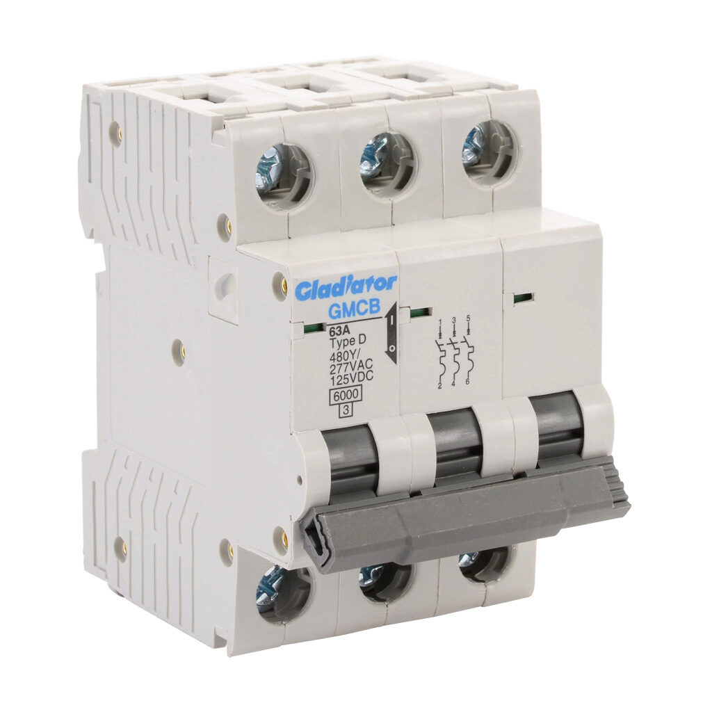 GMCB-3D-63 - Gladiator miniature supplementary protector, 63A, 480Y/277 VAC/125 VDC, 3-pole, D curve, thermal magnetic, 6kA @ 480Y/277 VAC interrupting rating, 35mm DIN rail mount.