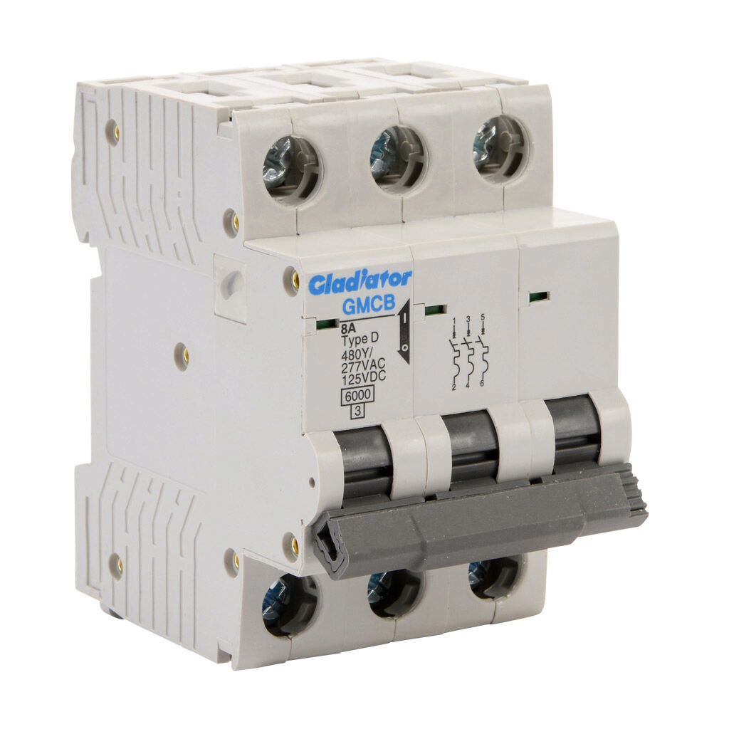 GMCB-3D-8 - Gladiator miniature supplementary protector, 8A, 480Y/277 VAC/125 VDC, 3-pole, D curve, thermal magnetic, 6kA @ 480Y/277 VAC interrupting rating, 35mm DIN rail mount.