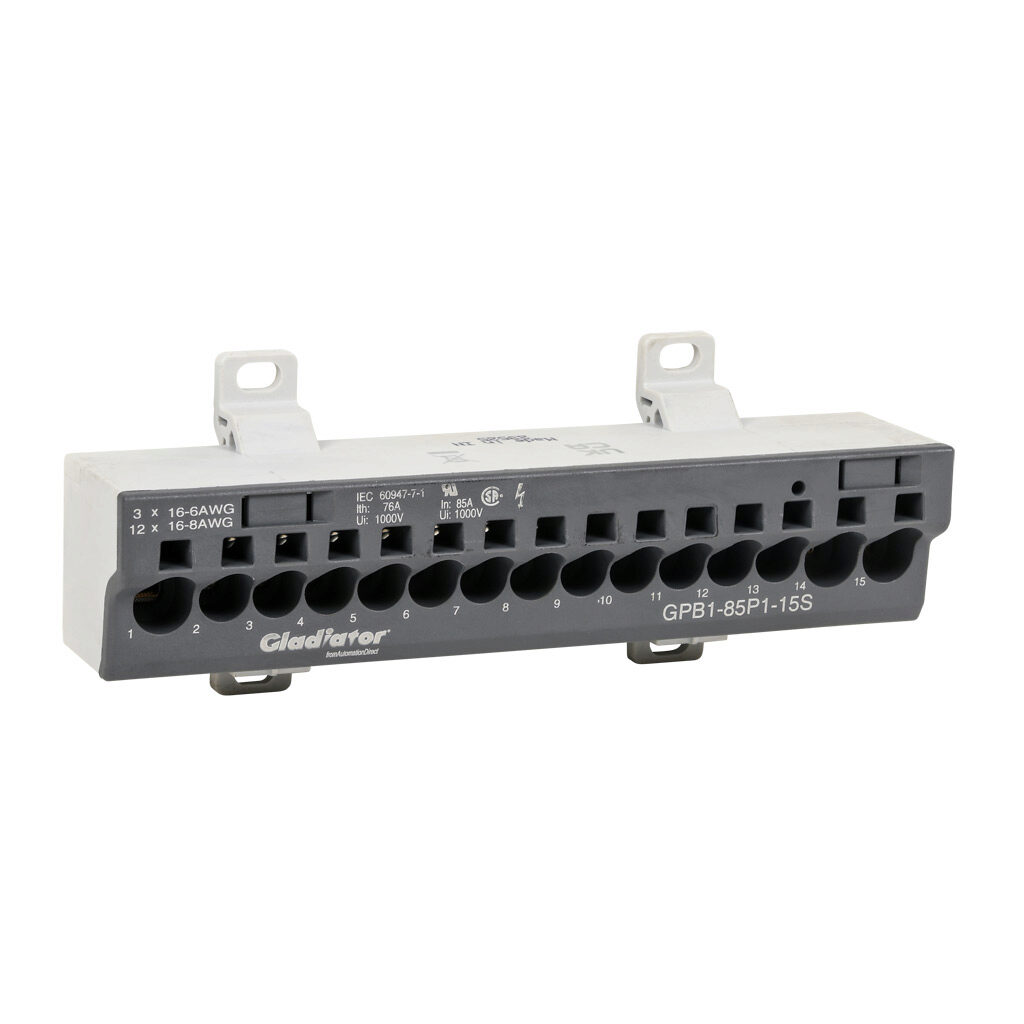 GPB1-85P1-15S - Gladiator enclosed terminal block, finger-safe, 85A, 1-pole, line side: 3 openings accept 6 AWG to 16 AWG, load side: 12 openings accept 8 AWG to 16 AWG, DIN rail or panel mount, UL 1059 recognized.
