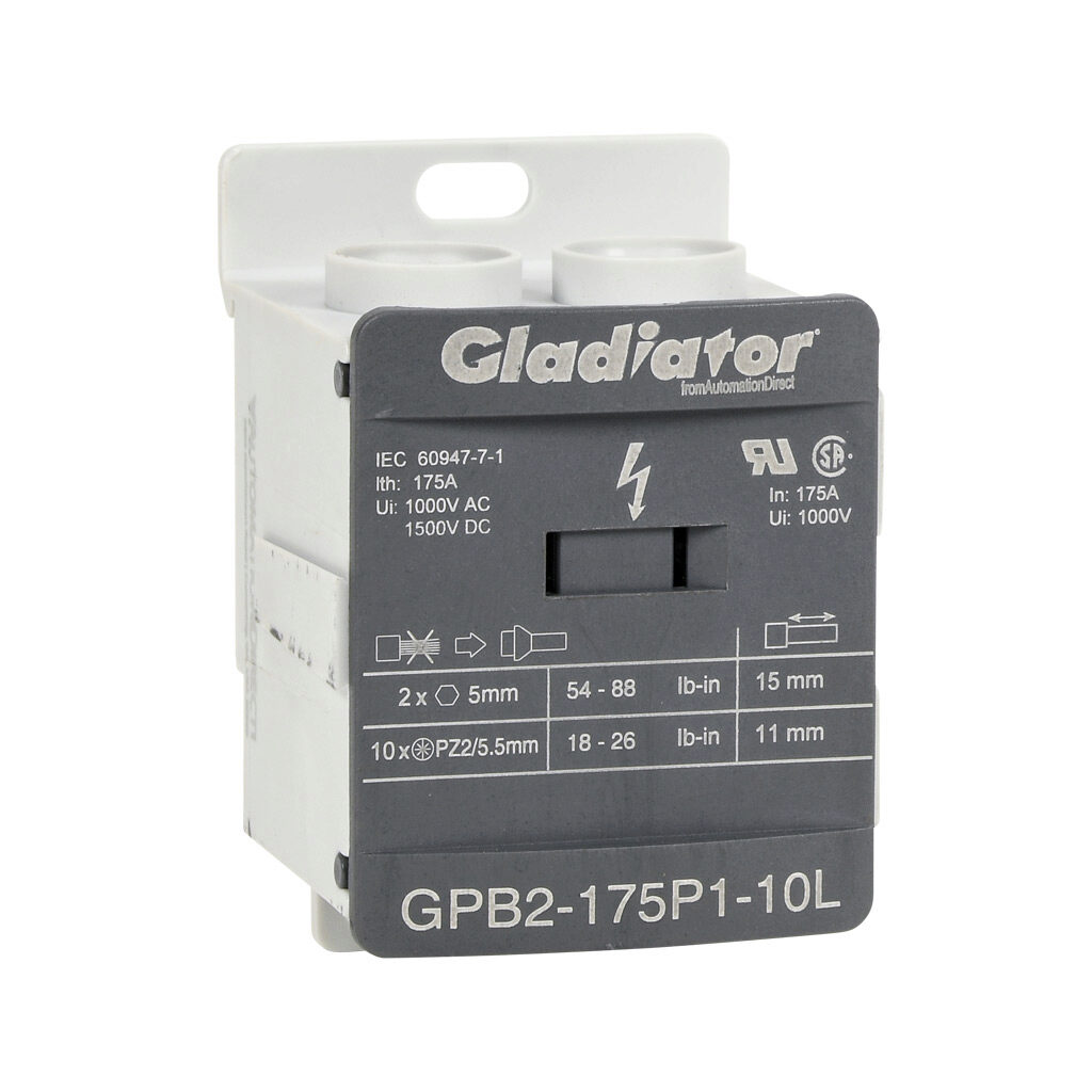 GPB2-175P1-10L - Gladiator enclosed terminal block, finger-safe, 175A, 1-pole, line side: 2 openings accept 2/0 AWG to 6 AWG, load side: 10 openings accept 6 AWG to 14 AWG, DIN rail or panel mount, UL 1059 recognized.