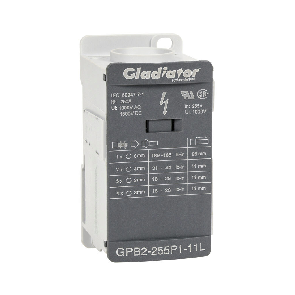 GPB2-255P1-11L - Gladiator enclosed terminal block, finger-safe, 225A, 1-pole, line side: 1 opening accepts 250 kcmil to 2 AWG, load side: 2 openings accept 2 AWG to 14 AWG & 5 openings accept 6 AWG to 14 AWG & 4 openings accept 8 AWG to 14 AWG, D...