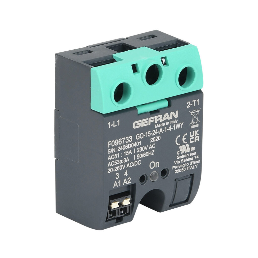 GQ-15-24-A-1-4 - Gefran solid state relay, panel mount, 20-260 VAC input voltage, SPST, (1) N.O. SCR, 15A contact rating, 24-230 VAC load voltage, push-in spring, overvoltage protection. Thermal mounting pad included.
