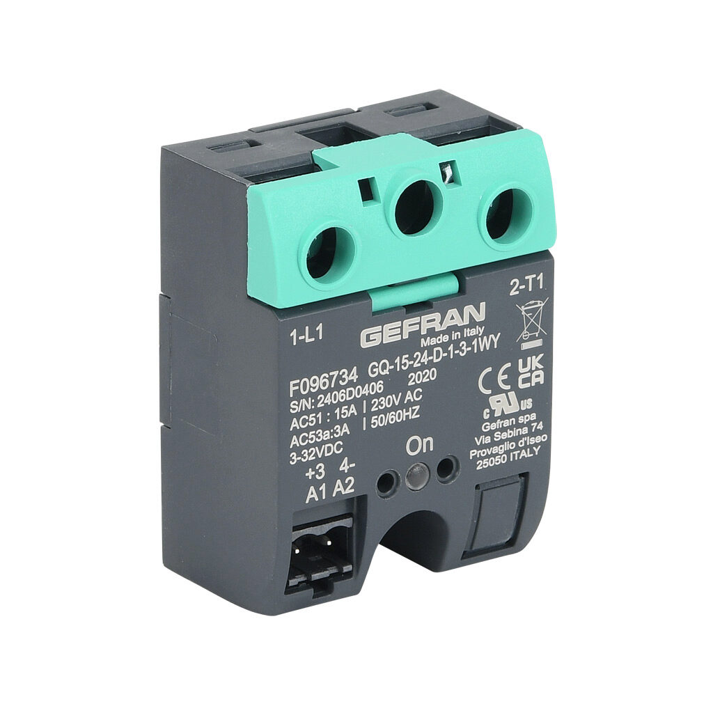 GQ-15-24-D-1-3 - Gefran solid state relay, panel mount, 3-32 VDC input voltage, SPST, (1) N.O. SCR, 15A contact rating, 24-230 VAC load voltage, screw terminal(s), overvoltage protection. Thermal mounting pad included.