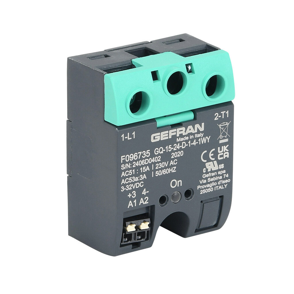 GQ-15-24-D-1-4 - Gefran solid state relay, panel mount, 3-32 VDC input voltage, SPST, (1) N.O. SCR, 15A contact rating, 24-230 VAC load voltage, push-in spring, overvoltage protection. Thermal mounting pad included.