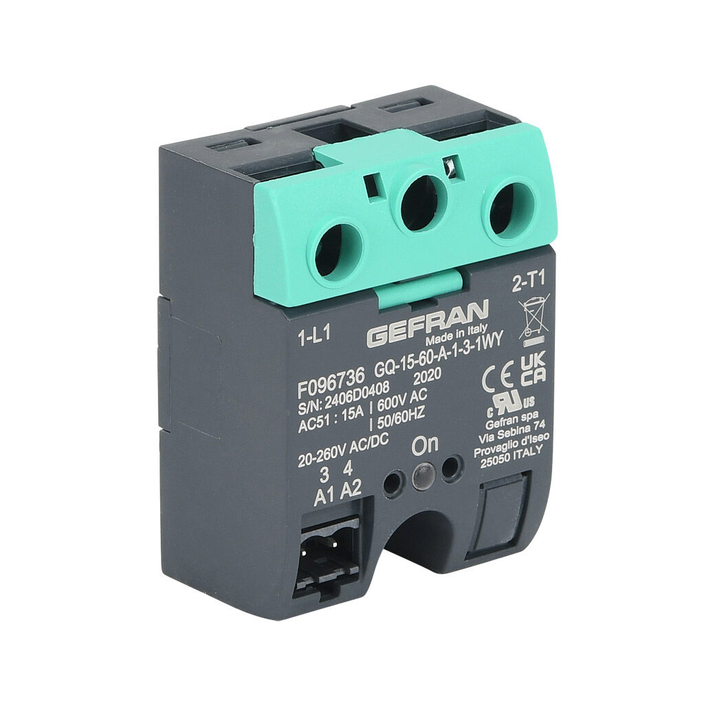 GQ-15-60-A-1-3 - Gefran solid state relay, panel mount, 20-260 VAC input voltage, SPST, (1) N.O. SCR, 15A contact rating, 48-600 VAC load voltage, screw terminal(s), overvoltage protection. Thermal mounting pad included.