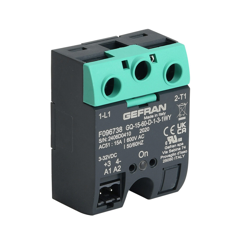 GQ-15-60-D-1-3 - Gefran solid state relay, panel mount, 3-32 VDC input voltage, SPST, (1) N.O. SCR, 15A contact rating, 48-600 VAC load voltage, screw terminal(s), overvoltage protection. Thermal mounting pad included.