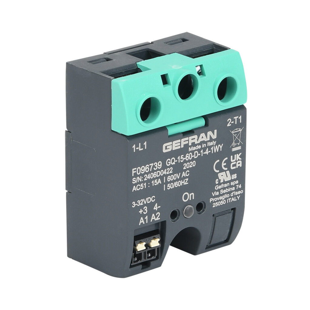 GQ-15-60-D-1-4 - Gefran solid state relay, panel mount, 3-32 VDC input voltage, SPST, (1) N.O. SCR, 15A contact rating, 48-600 VAC load voltage, push-in spring, overvoltage protection. Thermal mounting pad included.