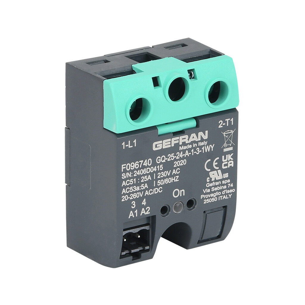GQ-25-24-A-1-3 - Gefran solid state relay, panel mount, 20-260 VAC input voltage, SPST, (1) N.O. SCR, 25A contact rating, 24-230 VAC load voltage, screw terminal(s), overvoltage protection. Thermal mounting pad included.