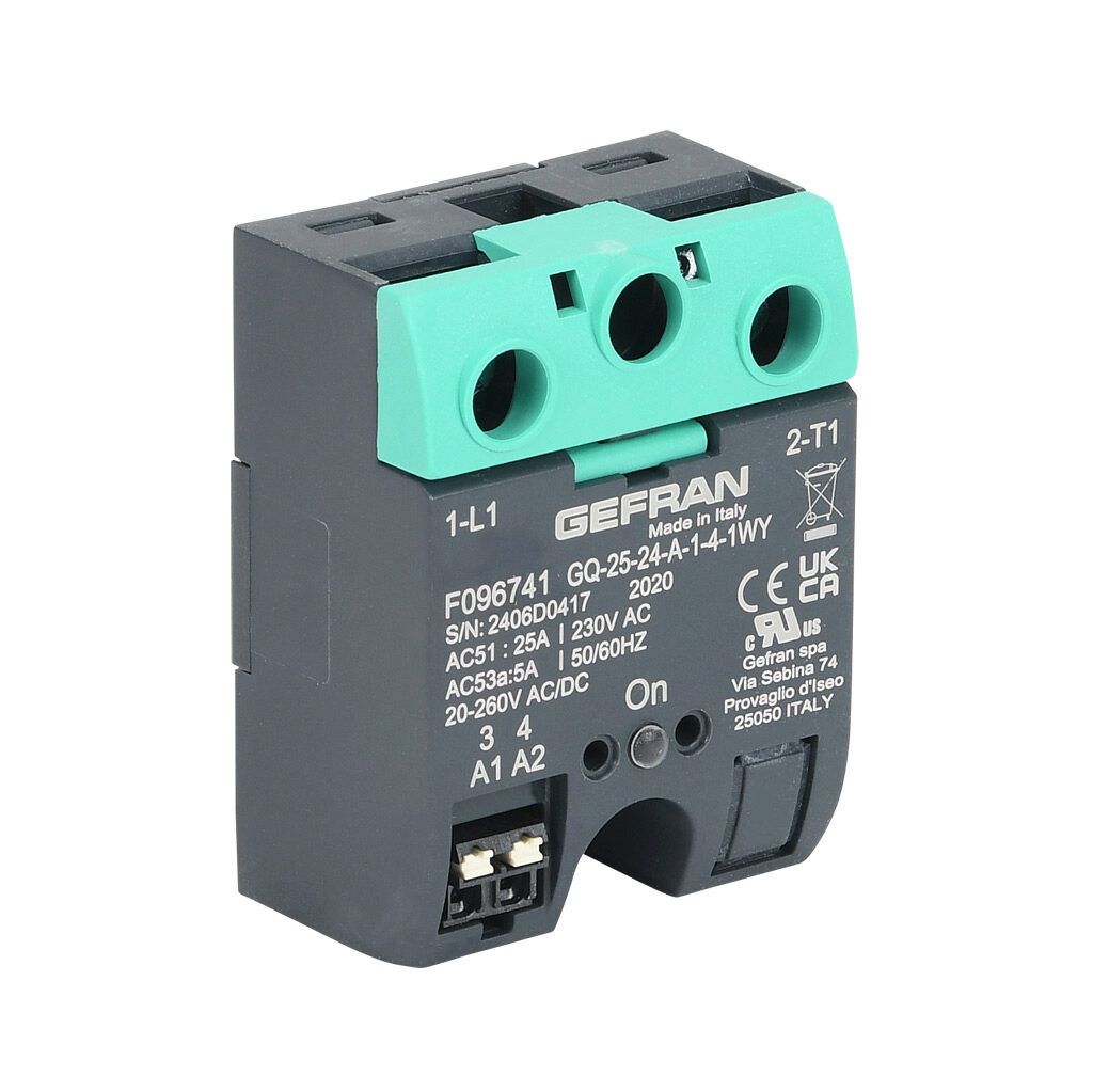 GQ-25-24-A-1-4 - Gefran solid state relay, panel mount, 20-260 VAC input voltage, SPST, (1) N.O. SCR, 25A contact rating, 24-230 VAC load voltage, push-in spring, overvoltage protection. Thermal mounting pad included.