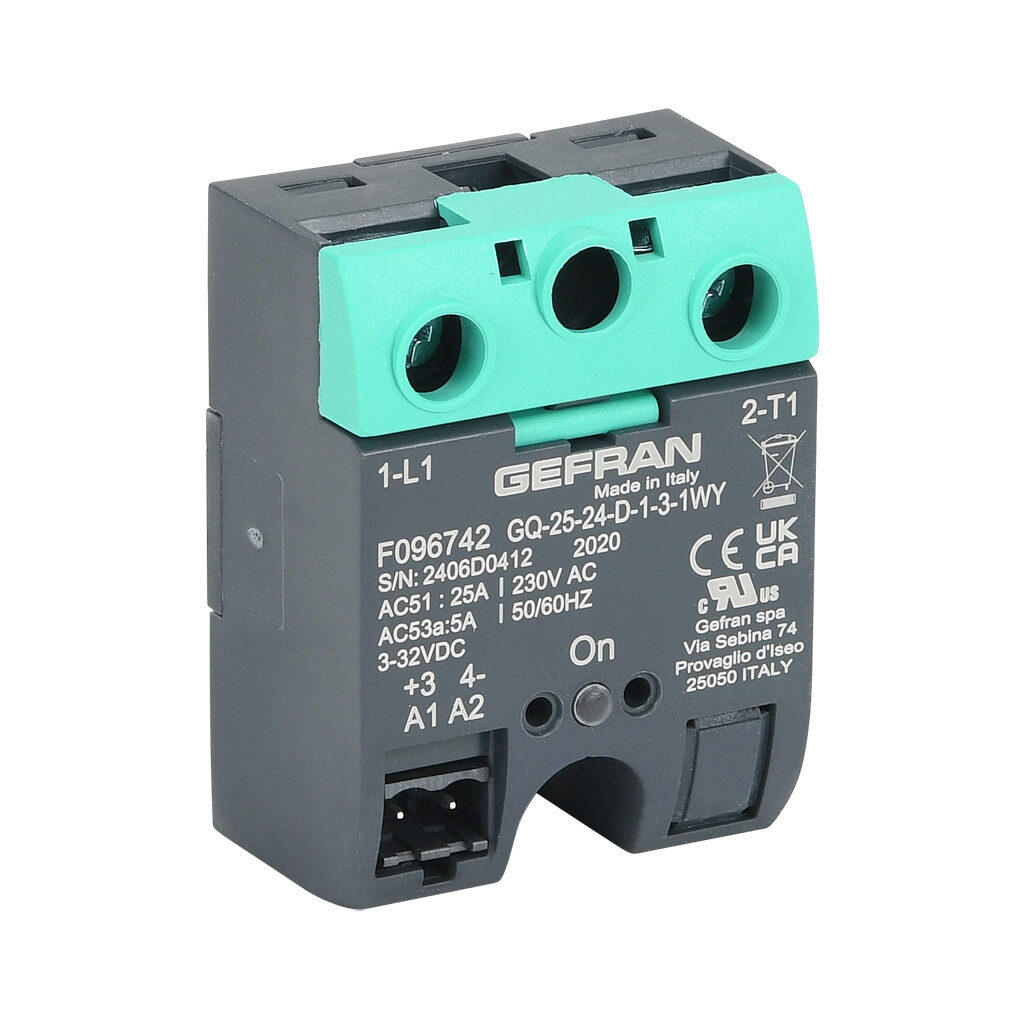 GQ-25-24-D-1-3 - Gefran solid state relay, panel mount, 3-32 VDC input voltage, SPST, (1) N.O. SCR, 25A contact rating, 24-230 VAC load voltage, screw terminal(s), overvoltage protection. Thermal mounting pad included.