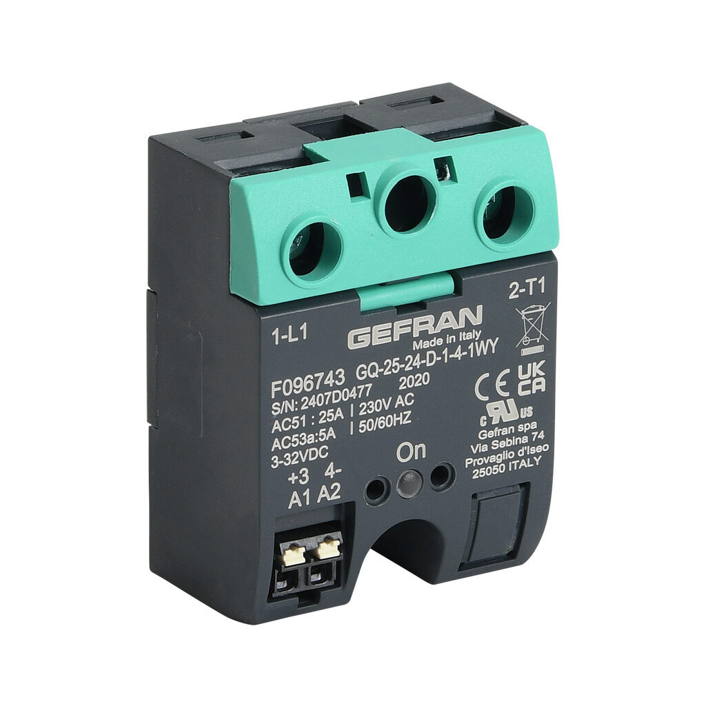 GQ-25-24-D-1-4 - Gefran solid state relay, panel mount, 3-32 VDC input voltage, SPST, (1) N.O. SCR, 25A contact rating, 24-230 VAC load voltage, push-in spring, overvoltage protection. Thermal mounting pad included.