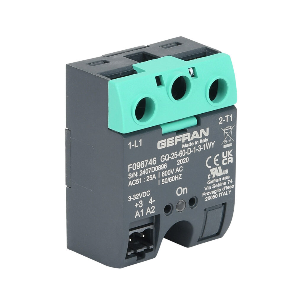 GQ-25-60-D-1-3 - Gefran solid state relay, panel mount, 3-32 VDC input voltage, SPST, (1) N.O. SCR, 25A contact rating, 48-600 VAC load voltage, screw terminal(s), overvoltage protection. Thermal mounting pad included.