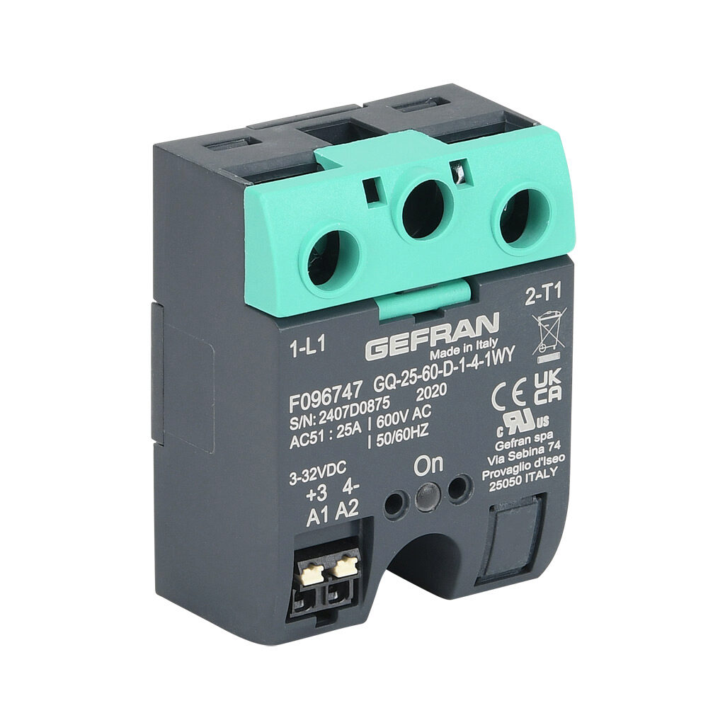 GQ-25-60-D-1-4 - Gefran solid state relay, panel mount, 3-32 VDC input voltage, SPST, (1) N.O. SCR, 25A contact rating, 48-600 VAC load voltage, push-in spring, overvoltage protection. Thermal mounting pad included.