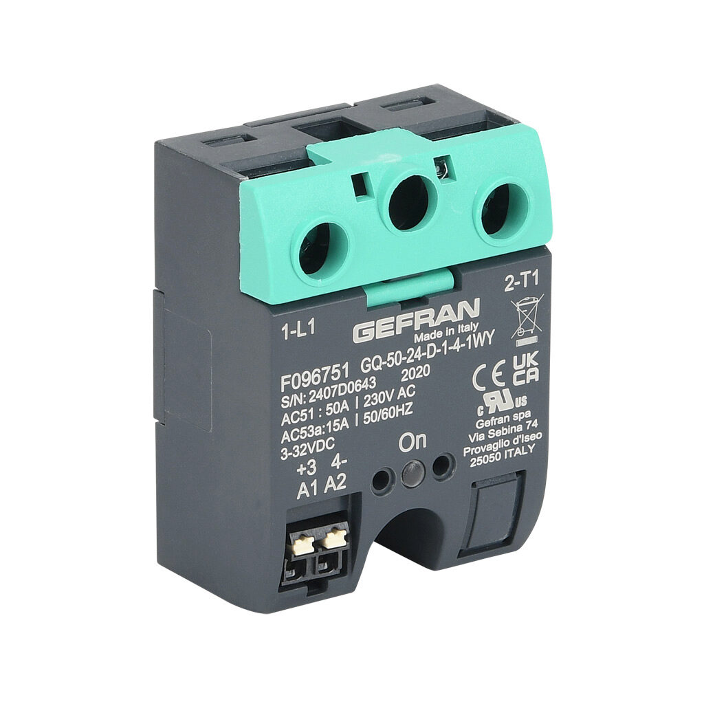 GQ-50-24-D-1-4 - Gefran solid state relay, panel mount, 3-32 VDC input voltage, SPST, (1) N.O. SCR, 50A contact rating, 24-230 VAC load voltage, push-in spring, overvoltage protection. Thermal mounting pad included.