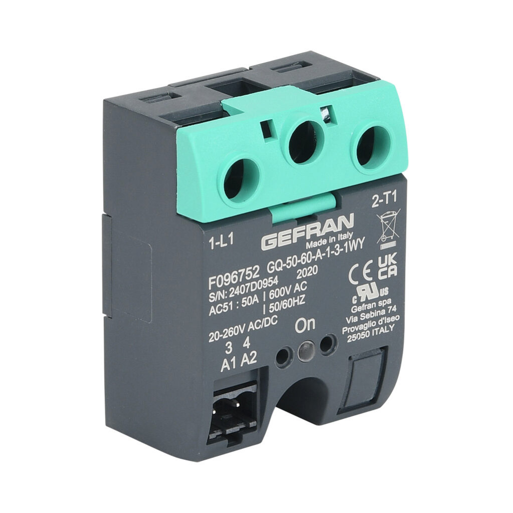 GQ-50-60-A-1-3 - Gefran solid state relay, panel mount, 20-260 VAC input voltage, SPST, (1) N.O. SCR, 50A contact rating, 48-600 VAC load voltage, screw terminal(s), overvoltage protection. Thermal mounting pad included.