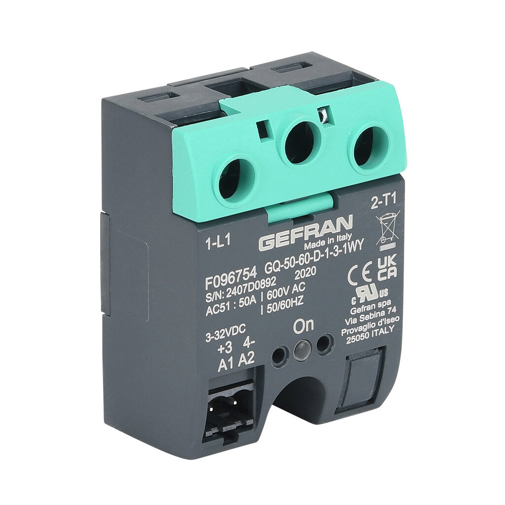 GQ-50-60-D-1-3 - Gefran solid state relay, panel mount, 3-32 VDC input voltage, SPST, (1) N.O. SCR, 50A contact rating, 48-600 VAC load voltage, screw terminal(s), overvoltage protection. Thermal mounting pad included.