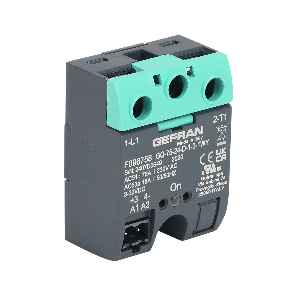 GQ-75-24-D-1-3 - Gefran solid state relay, panel mount, 3-32 VDC input voltage, SPST, (1) N.O. SCR, 75A contact rating, 24-230 VAC load voltage, screw terminal(s), overvoltage protection. Thermal mounting pad included.