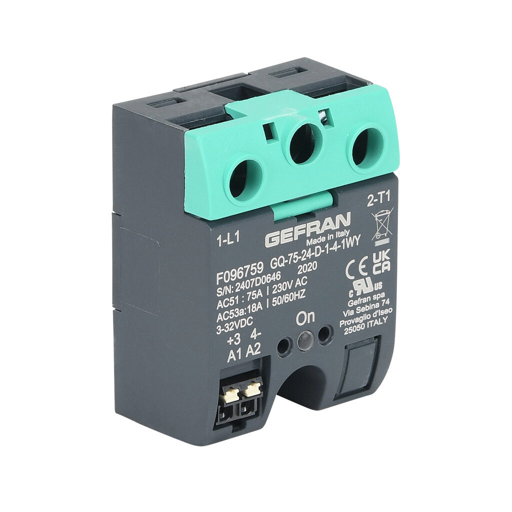 GQ-75-24-D-1-4 - Gefran solid state relay, panel mount, 3-32 VDC input voltage, SPST, (1) N.O. SCR, 75A contact rating, 24-230 VAC load voltage, push-in spring, overvoltage protection. Thermal mounting pad included.