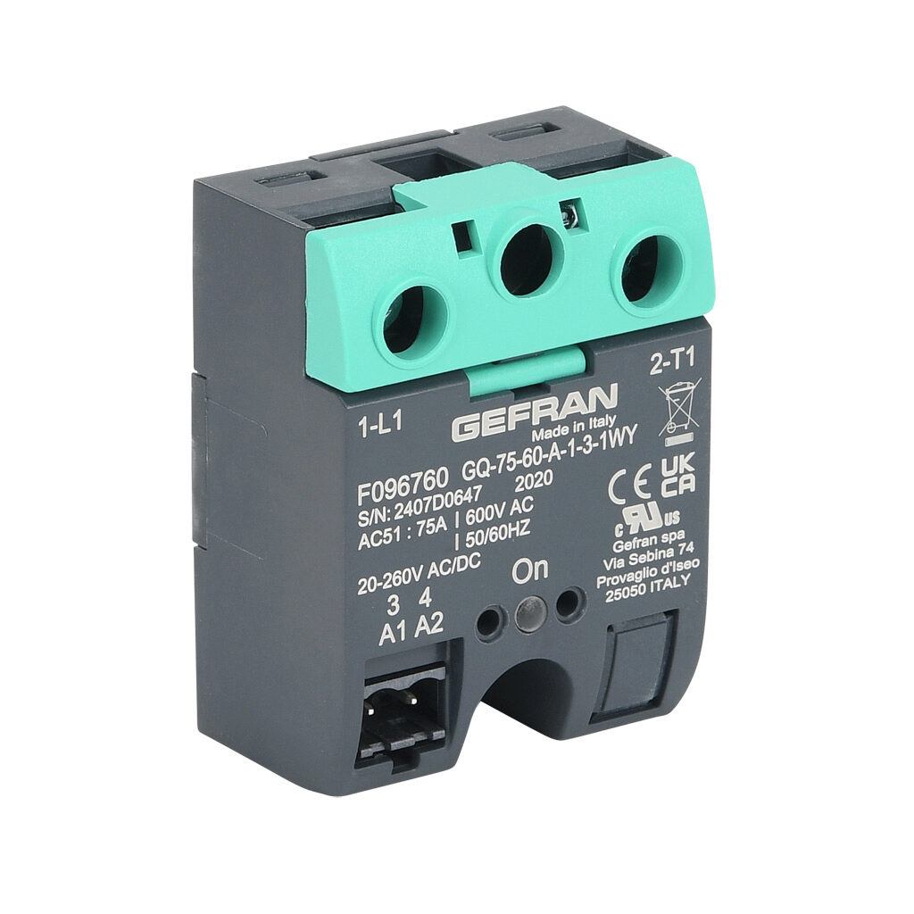 GQ-75-60-A-1-3 - Gefran solid state relay, panel mount, 20-260 VAC input voltage, SPST, (1) N.O. SCR, 75A contact rating, 48-600 VAC load voltage, screw terminal(s), overvoltage protection. Thermal mounting pad included.