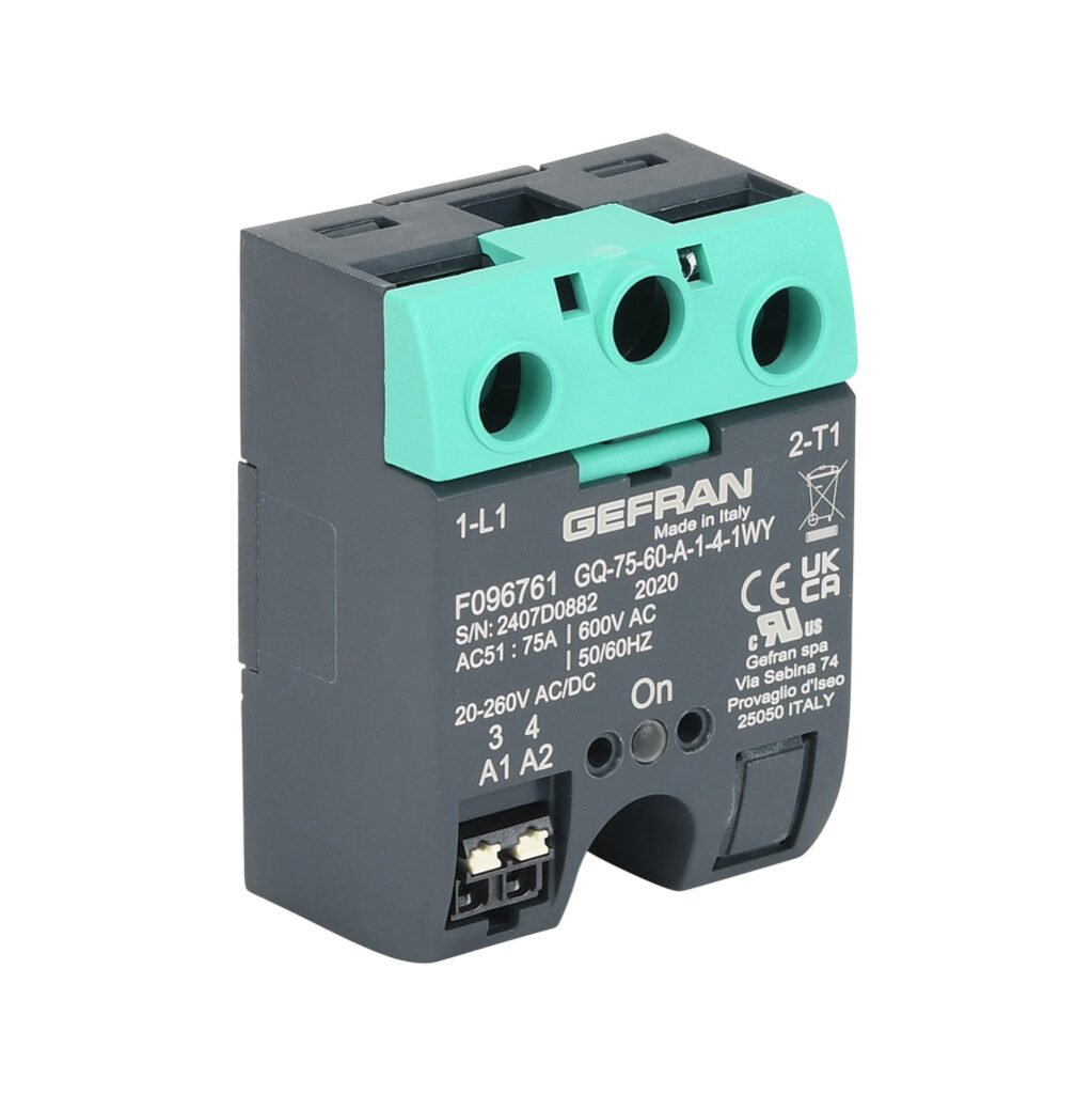 GQ-75-60-A-1-4 - Gefran solid state relay, panel mount, 20-260 VAC input voltage, SPST, (1) N.O. SCR, 75A contact rating, 48-600 VAC load voltage, push-in spring, overvoltage protection. Thermal mounting pad included.