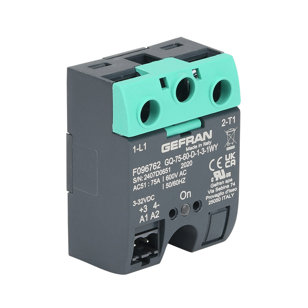 GQ-75-60-D-1-3 - Gefran solid state relay, panel mount, 3-32 VDC input voltage, SPST, (1) N.O. SCR, 75A contact rating, 48-600 VAC load voltage, screw terminal(s), overvoltage protection. Thermal mounting pad included.