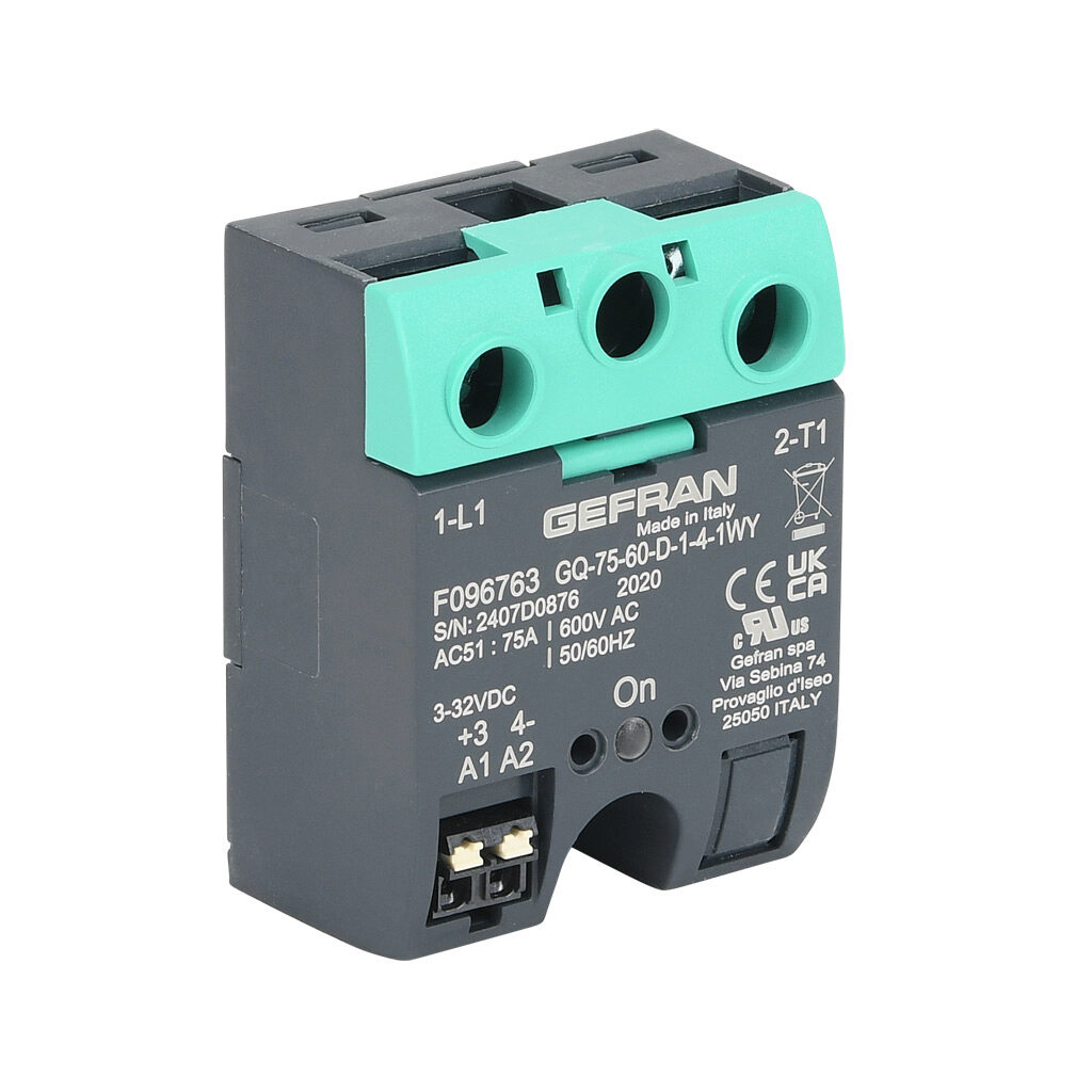 GQ-75-60-D-1-4 - Gefran solid state relay, panel mount, 3-32 VDC input voltage, SPST, (1) N.O. SCR, 75A contact rating, 48-600 VAC load voltage, push-in spring, overvoltage protection. Thermal mounting pad included.