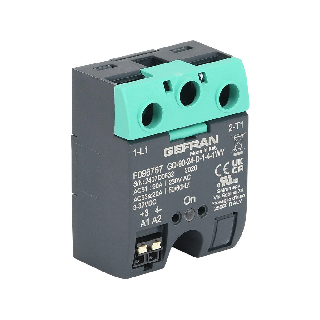 GQ-90-24-D-1-4 - Gefran solid state relay, panel mount, 3-32 VDC input voltage, SPST, (1) N.O. SCR, 90A contact rating, 24-230 VAC load voltage, push-in spring, overvoltage protection. Thermal mounting pad included.