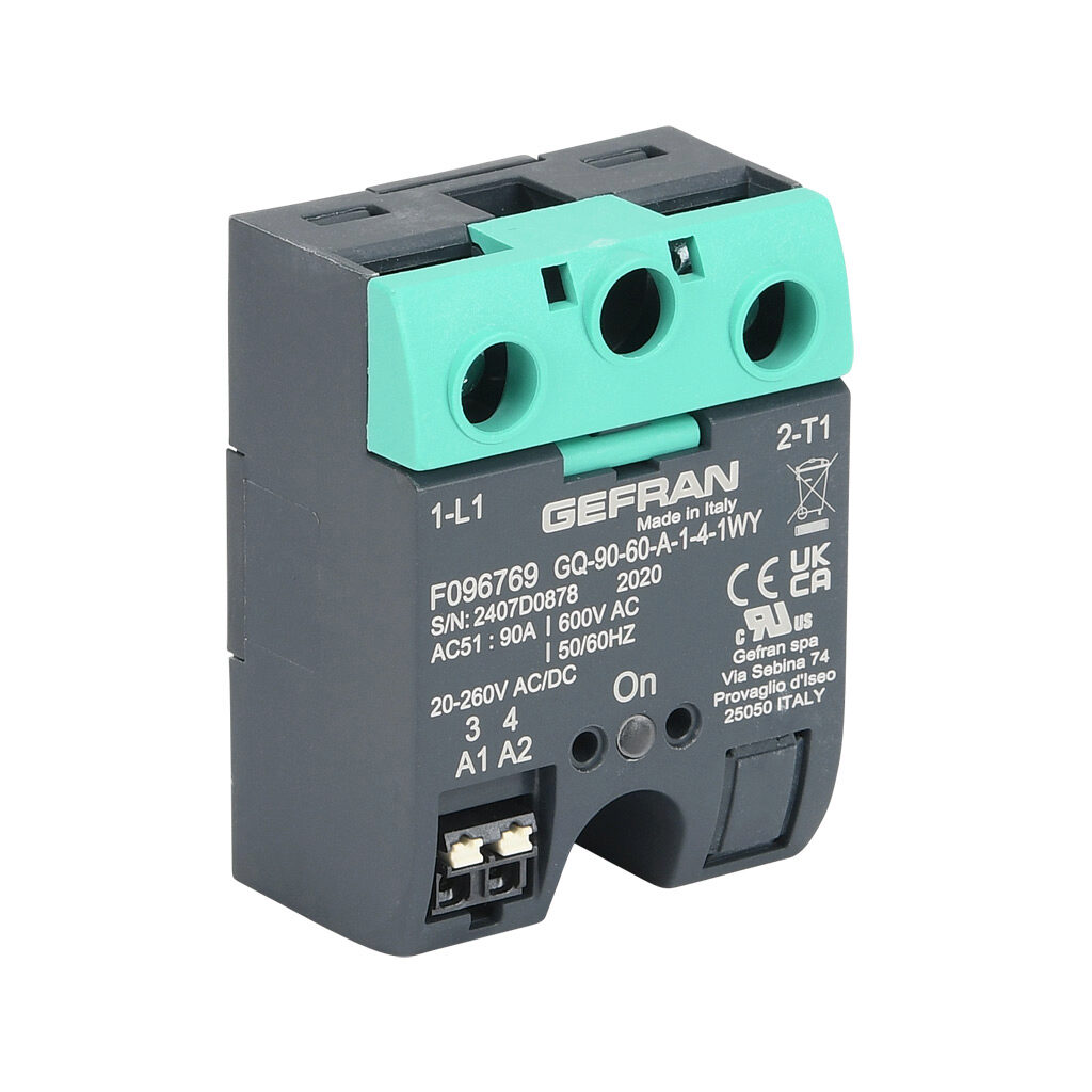 GQ-90-60-A-1-4 - Gefran solid state relay, panel mount, 20-260 VAC input voltage, SPST, (1) N.O. SCR, 90A contact rating, 48-600 VAC load voltage, push-in spring, overvoltage protection. Thermal mounting pad included.