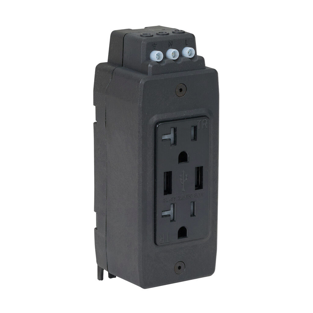 GR-REC2-USB-2A - Gladiator (2) straight blade and (2) USB Type A receptacle, 15A, 125 VAC, 1-phase, 2-pole, 3-wire, nylon housing, panel or 35mm DIN rail mount.