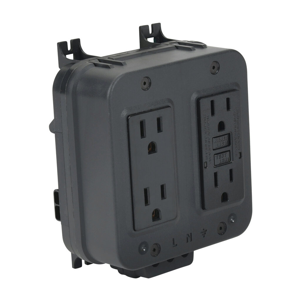 GR-REC4-GFCI - Gladiator (4) straight blade receptacle, 15A, 125 VAC, 1-phase, 2-pole, 3-wire, ground-fault circuit interruption protection, glass fiber reinforced polyamide housing, panel or 35mm DIN rail mount.