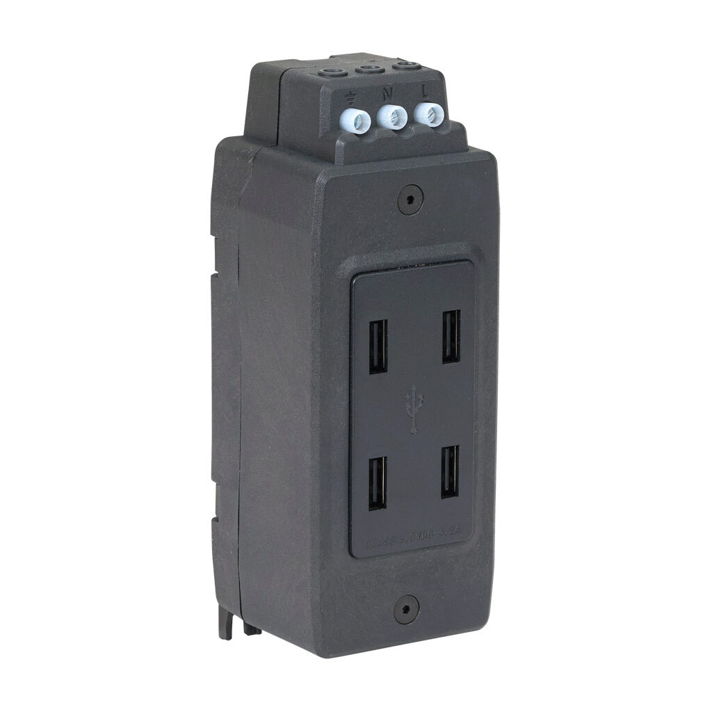 GR-USB-4A - Gladiator (4) USB Type A receptacle, 15A, 125 VAC, 1-phase, 2-pole, 3-wire, nylon housing, panel or 35mm DIN rail mount.