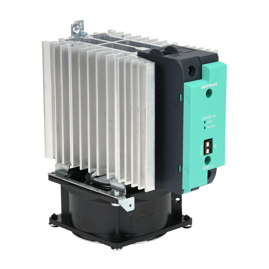 GRSH-120-48-A-0-60 - Gefran solid state relay with fan, 35mm DIN rail mount, 20-260 VAC input voltage, SPST, (1) N.O. SCR, 120A contact rating, 24-480 VAC load voltage, push-in spring, overvoltage and thermal protection, external 230 VAC required.