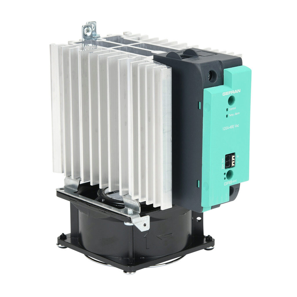GRSH-120-48-D-0-60 - Gefran solid state relay with fan, 35mm DIN rail mount, 6-32 VDC input voltage, SPST, (1) N.O. SCR, 120A contact rating, 24-480 VAC load voltage, push-in spring, overvoltage and thermal protection, external 230 VAC required.
