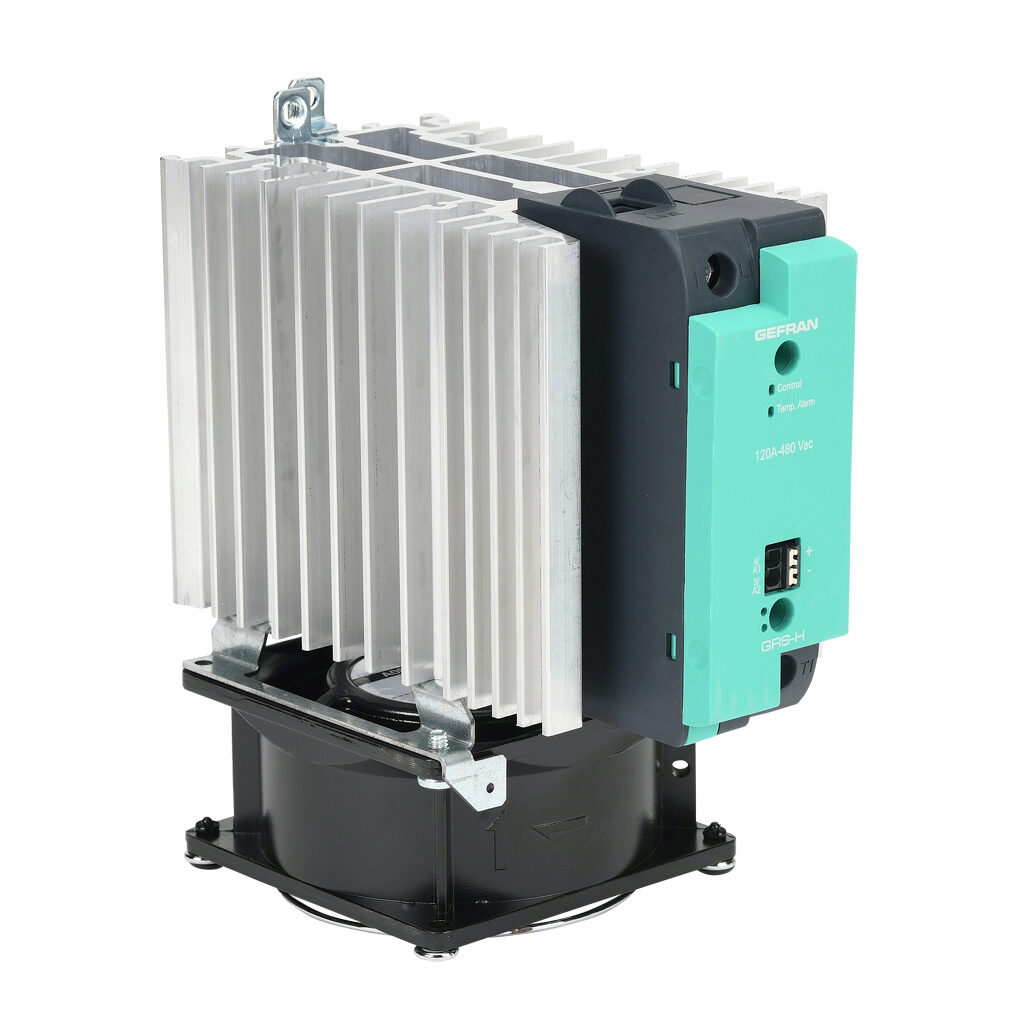 GRSH-120-48-D-0-61 - Gefran solid state relay with fan, 35mm DIN rail mount, 6-32 VDC input voltage, SPST, (1) N.O. SCR, 120A contact rating, 24-480 VAC load voltage, push-in spring, overvoltage and thermal protection, external 115 VAC required.