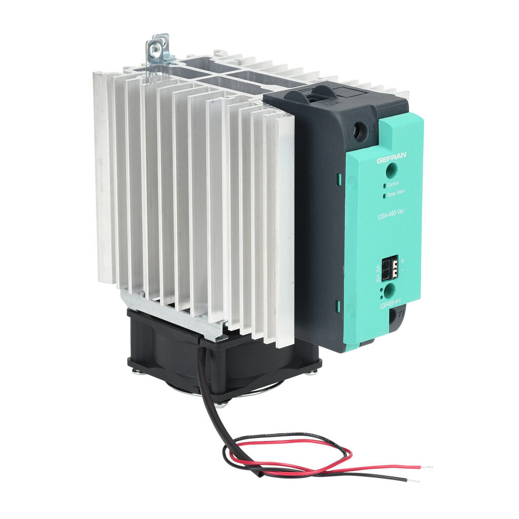 GRSH-120-48-D-0-62 - Gefran solid state relay with fan, 35mm DIN rail mount, 6-32 VDC input voltage, SPST, (1) N.O. SCR, 120A contact rating, 24-480 VAC load voltage, push-in spring, overvoltage and thermal protection, external 24 VDC required.