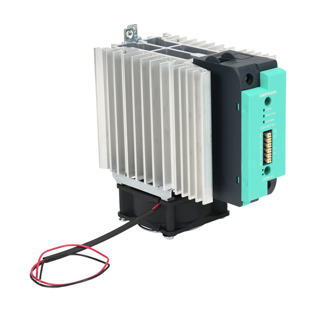 GRSH-120-48-D-2-62 - Gefran solid state relay with fan, 35mm DIN rail mount, 6-32 VDC input voltage, SPST, (1) N.O. SCR, 120A contact rating, 24-480 VAC load voltage, push-in spring, overvoltage and thermal protection, external 24 VDC required. Th...