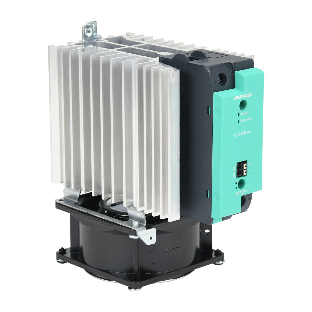GRSH-120-60-D-0-60 - Gefran solid state relay with fan, 35mm DIN rail mount, 6-32 VDC input voltage, SPST, (1) N.O. SCR, 120A contact rating, 24-600 VAC load voltage, push-in spring, overvoltage and thermal protection, external 230 VAC required.