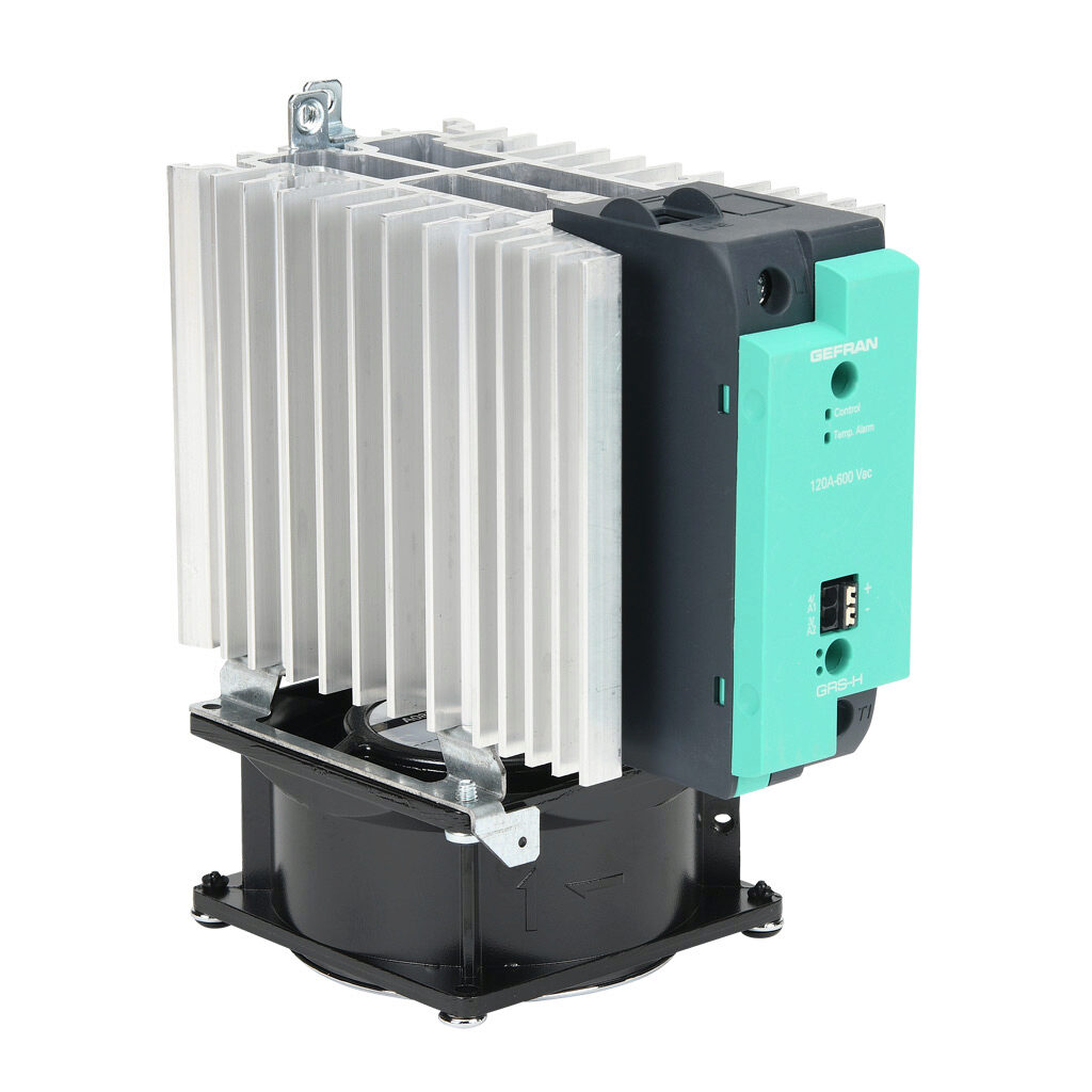 GRSH-120-60-D-0-61 - Gefran solid state relay with fan, 35mm DIN rail mount, 6-32 VDC input voltage, SPST, (1) N.O. SCR, 120A contact rating, 24-600 VAC load voltage, push-in spring, overvoltage and thermal protection, external 115 VAC required.