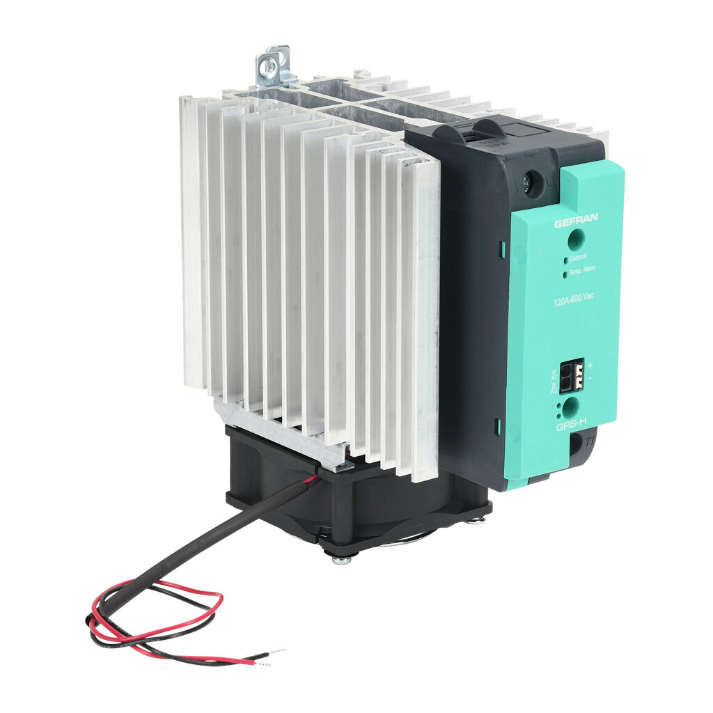 GRSH-120-60-D-0-62 - Gefran solid state relay with fan, 35mm DIN rail mount, 6-32 VDC input voltage, SPST, (1) N.O. SCR, 120A contact rating, 24-600 VAC load voltage, push-in spring, overvoltage and thermal protection, external 24 VDC required.