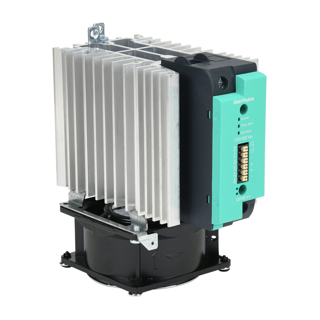 GRSH-120-60-D-2-60 - Gefran solid state relay with fan, 35mm DIN rail mount, 6-32 VDC input voltage, SPST, (1) N.O. SCR, 120A contact rating, 24-600 VAC load voltage, push-in spring, overvoltage and thermal protection, external 230 VAC required. T...